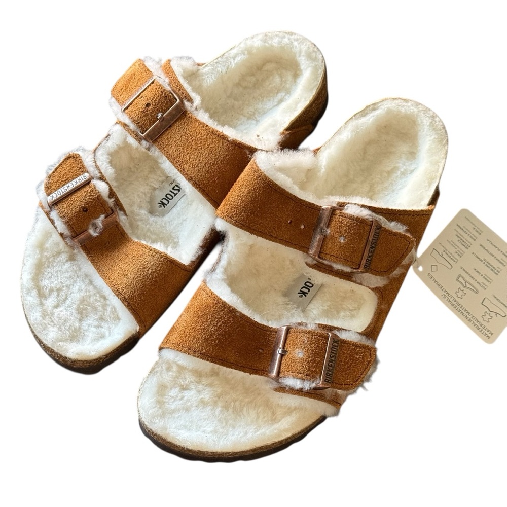 Birkenstock Arizona Shearling Suede Mink Slide Sandals NWOB EU 37 US 6